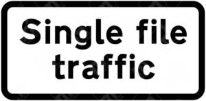 Single File Traffic Sign – Diagram 518. Official UK road sign indicating lane reduction and merging traffic ahead for safe and efficient road management.