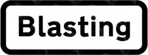 Blasting Danger Ahead Sign – Diagram 563-E. Official UK road sign warning drivers and workers about controlled explosion areas for safety compliance.