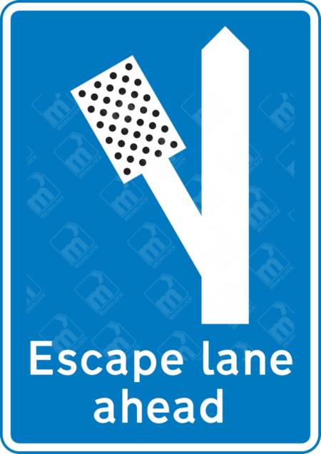 Escape Lane Ahead Sign (Diagram 817.2F) with a blue background and white symbols, warning drivers of an escape lane 200 yards ahead on the left for vehicles struggling to stop on steep hills.