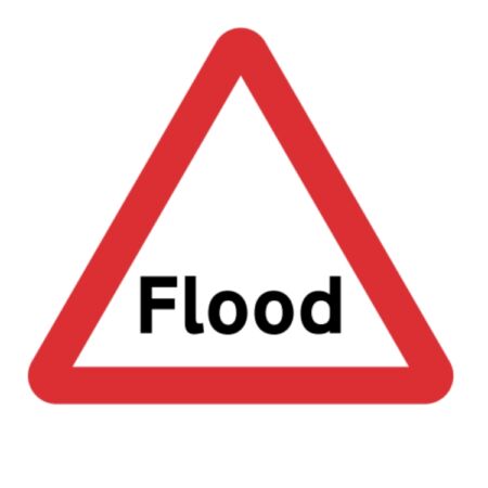 Flood Sign - Diagram 554-A with black "Flood" text inside red triangle, used on UK roads during water hazards