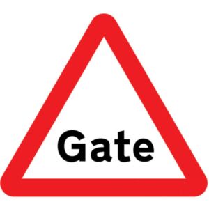 Gate Sign - Diagram 554-B with bold black "Gate" text in red triangle used for warning of barriers or gated access routes