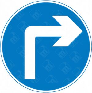 Turn Right Ahead Sign – Diagram 609B showing curved white arrow pointing right on blue circular background