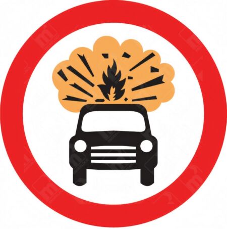 No Explosive Vehicles Sign – Diagram 622.8 showing exploding vehicle symbol inside red-bordered circle
