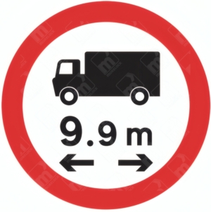 Vehicle Length Restriction Sign – Diagram 629.1B showing lorry icon with 9.9m length and horizontal arrows
