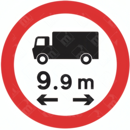 Vehicle Length Restriction Sign – Diagram 629.1B showing lorry icon with 9.9m length and horizontal arrows