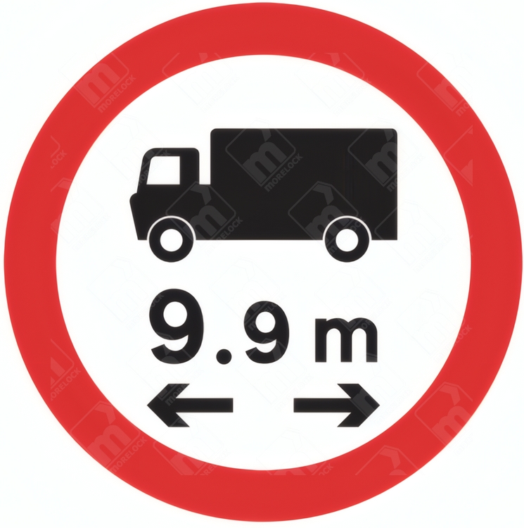 Vehicle Length Restriction Sign – Diagram 629.1B showing lorry icon with 9.9m length and horizontal arrows