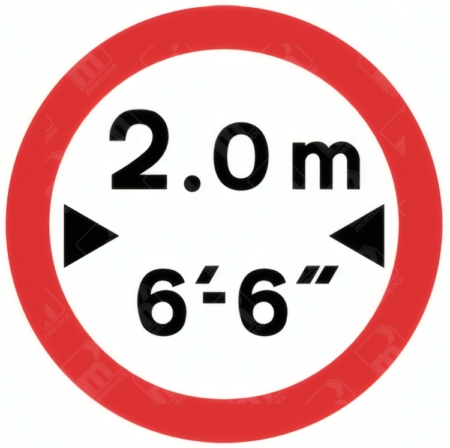 Diagram 629A Sign showing 2.0m (6'6") vehicle width restriction inside red circular border