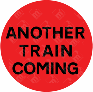 Diagram 776-A Another Train Coming Sign with red background and bold black text for multi-train warning at level crossings