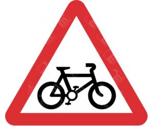 Cycle Route Ahead Warning Sign – Diagram 950B showing black bicycle symbol inside red triangle to indicate upcoming cycle route or cyclist crossing