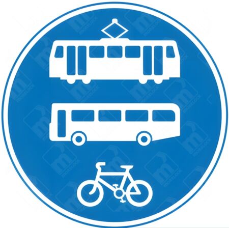 Route for Use by Tramcars and Buses and Pedal Cycles Only Sign – Diagram 953.1Aa showing white pictograms of tram, bus, and bicycle