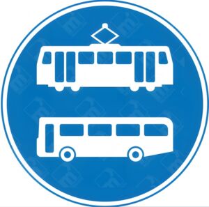 Route for Use by Tramcars and Buses Only Sign – Diagram 953.1B showing white tram and bus symbols on a blue circular sign for designated UK public transport routes