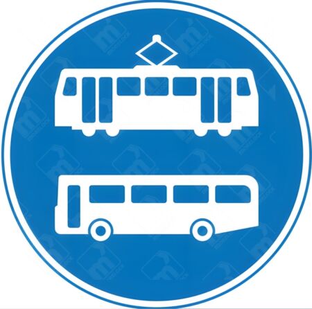 Route for Use by Tramcars and Buses Only Sign – Diagram 953.1B showing white tram and bus symbols on a blue circular sign for designated UK public transport routes