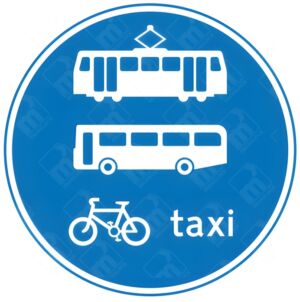 Route for Use by Tramcars, Buses, Pedal Cycles and Taxis Only Sign – Diagram 953.1Ba showing tram, bus, bicycle, and taxi on a blue background