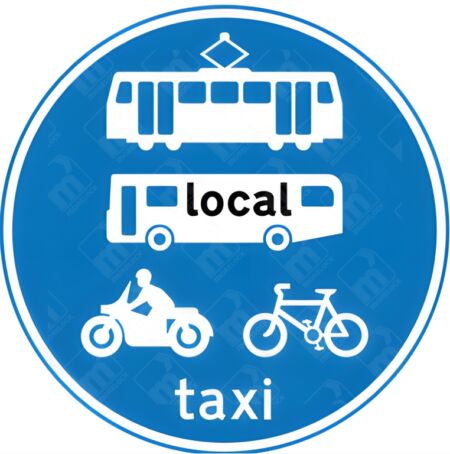 Route for Use by Tramcars, Local Buses, Pedal Cycles, Solo Motorcycles and Taxis Only Sign – Diagram 953.1Cb with icons for tram, local bus, motorbike, cycle, and taxi