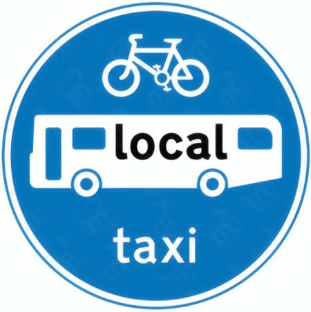 Route for Use by Local Buses & Pedal Cycles and Taxis Only Sign – Diagram 953B with pictograms of bicycle, “local” bus, and “taxi” text
