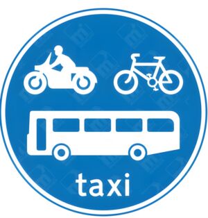Route for Use by Buses, Pedal Cycles, Solo Motorcycles and Taxis Only – Diagram 953B.a with icons of motorcycle, cycle, bus, and taxi