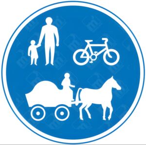 Route for Use by Pedestrians & Pedal Cycles and Horse-Drawn Vehicles Sign – Diagram 956.2 showing pedestrian, bicycle, and horse-drawn cart pictograms in blue circular format