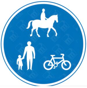 Route For Use By Pedal Cycles, Horses and Pedestrians Only Sign – Diagram 956.1 sign showing icons for a pedestrian, horse rider, and cyclist on blue background