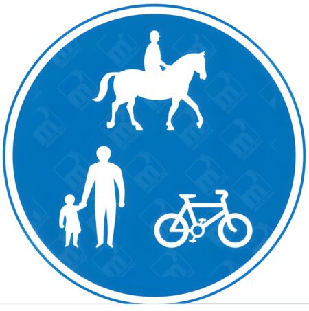 Route For Use By Pedal Cycles, Horses and Pedestrians Only Sign – Diagram 956.1 sign showing icons for a pedestrian, horse rider, and cyclist on blue background