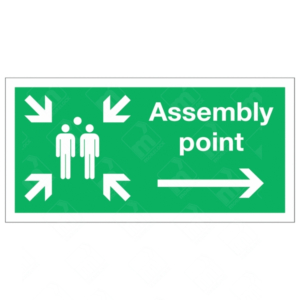 Assembly Point and Right Arrow Sign – emergency meeting point sign with directional arrow to right