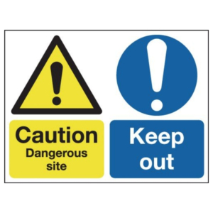 Caution Dangerous Site and Keep Out Dual-Message Sign – UK safety sign with yellow hazard warning and blue restricted access symbol