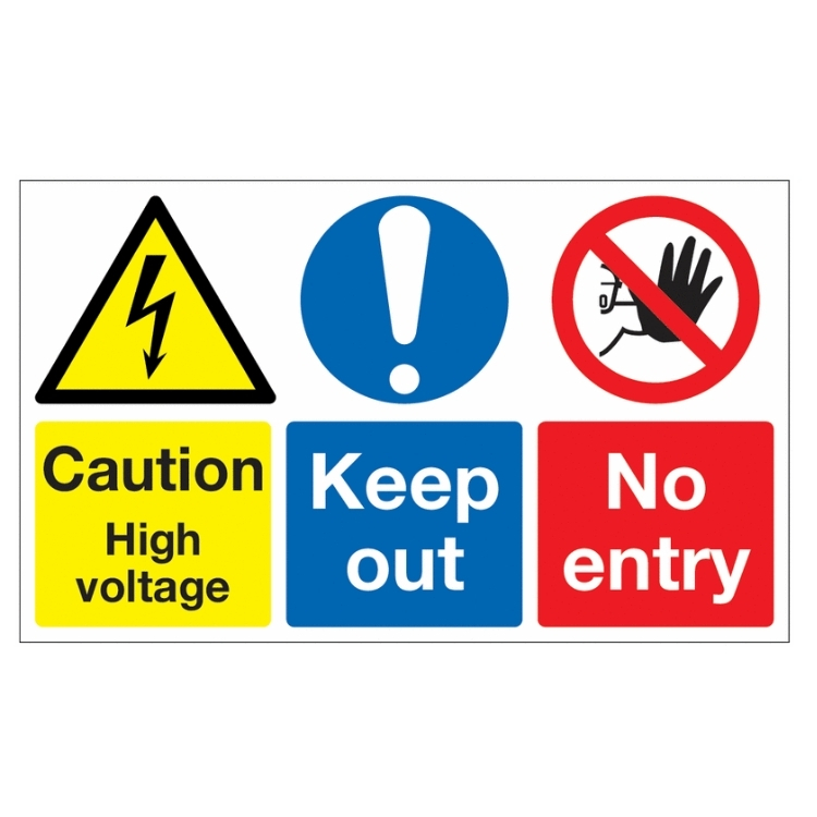 Caution High Voltage and Keep Out and No Entry Triple-Message Sign for electrical hazard and restricted access