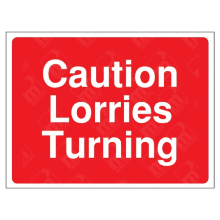 Caution Lorries Turning Construction Sign – red UK safety signage for heavy goods vehicle turning zones