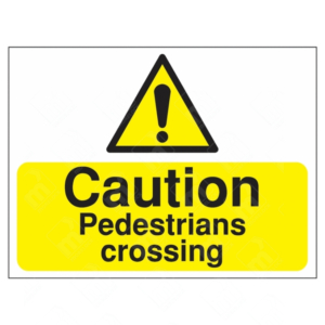 Caution Pedestrians Crossing Sign – yellow and black UK safety sign with exclamation symbol and pedestrian warning message