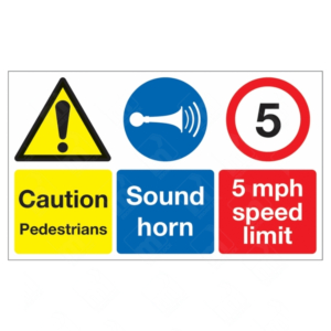 Caution Pedestrians Sound Horn and 5mph Speed Limit Triple-Message Sign