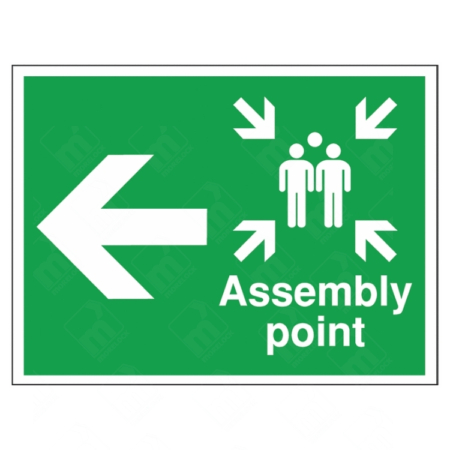 Assembly Point and Left Arrow Construction Sign – green construction safety sign showing left-facing arrow and group icon