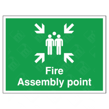 Fire Assembly Point Sign – green emergency sign with white left arrow and muster point icon for evacuation direction