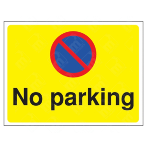 No Parking Sign – yellow and blue safety sign with universal no parking symbol for restricting vehicle access