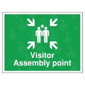 Visitor Assembly Point Sign – green UK emergency sign with people icon and directional arrows