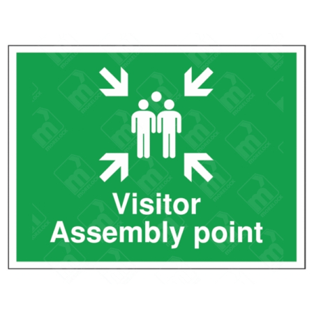 Visitor Assembly Point Sign – green UK emergency sign with people icon and directional arrows