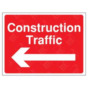 Construction Traffic Left Arrow Direction Sign – red site safety sign with white text and arrow indicating left route for construction vehicles