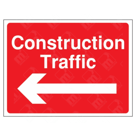 Construction Traffic Left Arrow Direction Sign – red site safety sign with white text and arrow indicating left route for construction vehicles