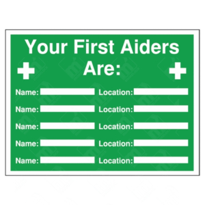 Your First Aiders Are Sign – green HSE workplace safety sign with spaces to write names and locations of trained first aiders
