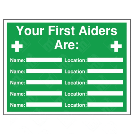 Your First Aiders Are Sign – green HSE workplace safety sign with spaces to write names and locations of trained first aiders