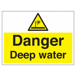 Danger Deep Water Sign – yellow UK warning sign with pictogram and text for identifying hazardous water zones