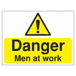 Danger Men At Work Sign – yellow hazard warning sign with exclamation icon