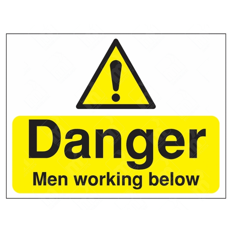 Danger Men Working Below Sign – yellow and black construction safety sign for overhead hazard warnings