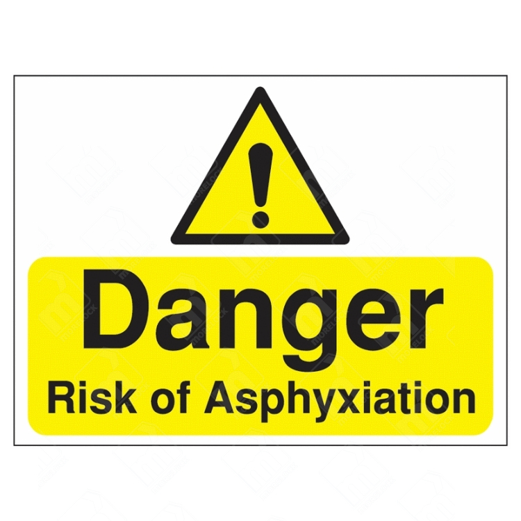 Danger Risk of Asphyxiation Sign – yellow and black warning safety sign indicating life-threatening breathing hazards in industrial or confined environments