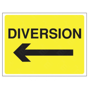 Diversion Left Arrow Direction Sign – yellow and black UK traffic sign used for temporary road redirection.