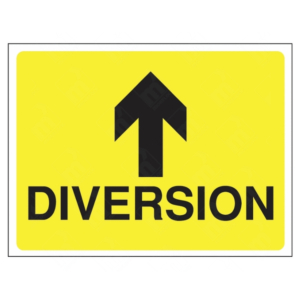 Diversion Ahead Sign – UK yellow traffic sign with bold upward arrow and black “DIVERSION” text for road redirection.