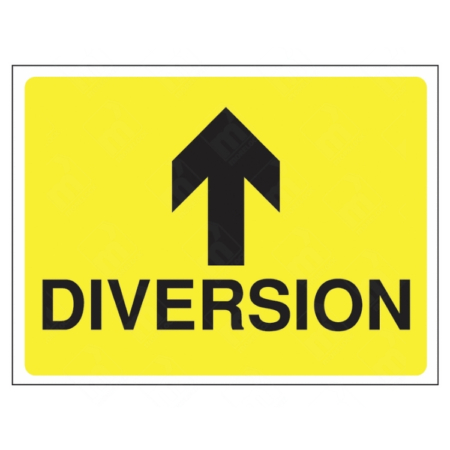 Diversion Ahead Sign – UK yellow traffic sign with bold upward arrow and black “DIVERSION” text for road redirection.