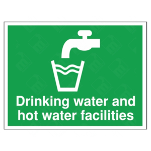 Drinking Water and Hot Water Facilities Sign – green UK safety sign showing a tap and glass symbol for hydration and welfare access.