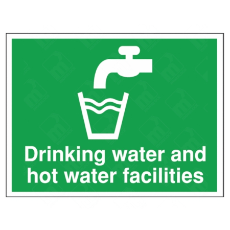 Drinking Water and Hot Water Facilities Sign – green UK safety sign showing a tap and glass symbol for hydration and welfare access.