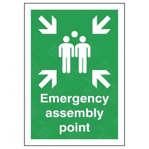 Emergency Assembly Point Sign – vertical green safety sign with white arrows and group symbol marking evacuation muster point