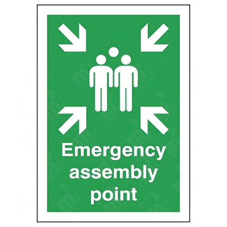Emergency Assembly Point Sign – vertical green safety sign with white arrows and group symbol marking evacuation muster point