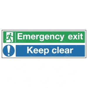 Emergency Exit and Keep Clear Dual-Message Sign – green and blue sign showing exit route and instruction to keep clear